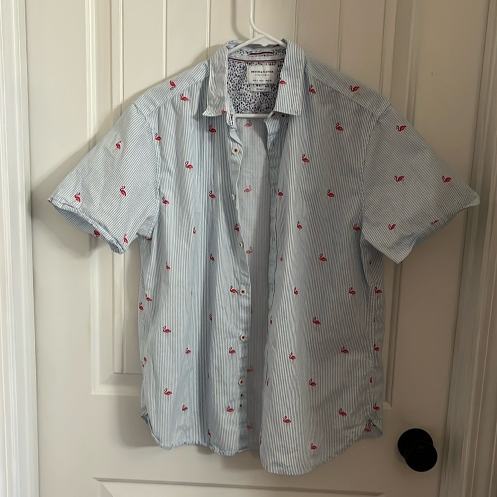 Denim & Flower striped flamingo button down short sleeve shirt